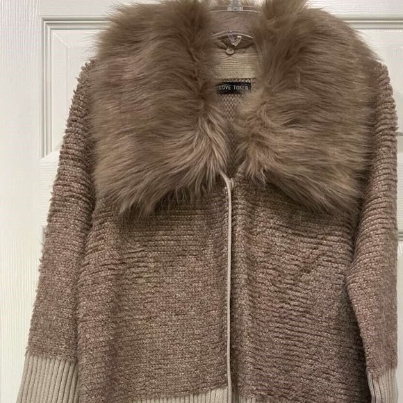 BOSTON PROPER COLORBLOCK FAUX FUR COLLAR SWEATER COAT SIZE: S - Picture 4 of 12